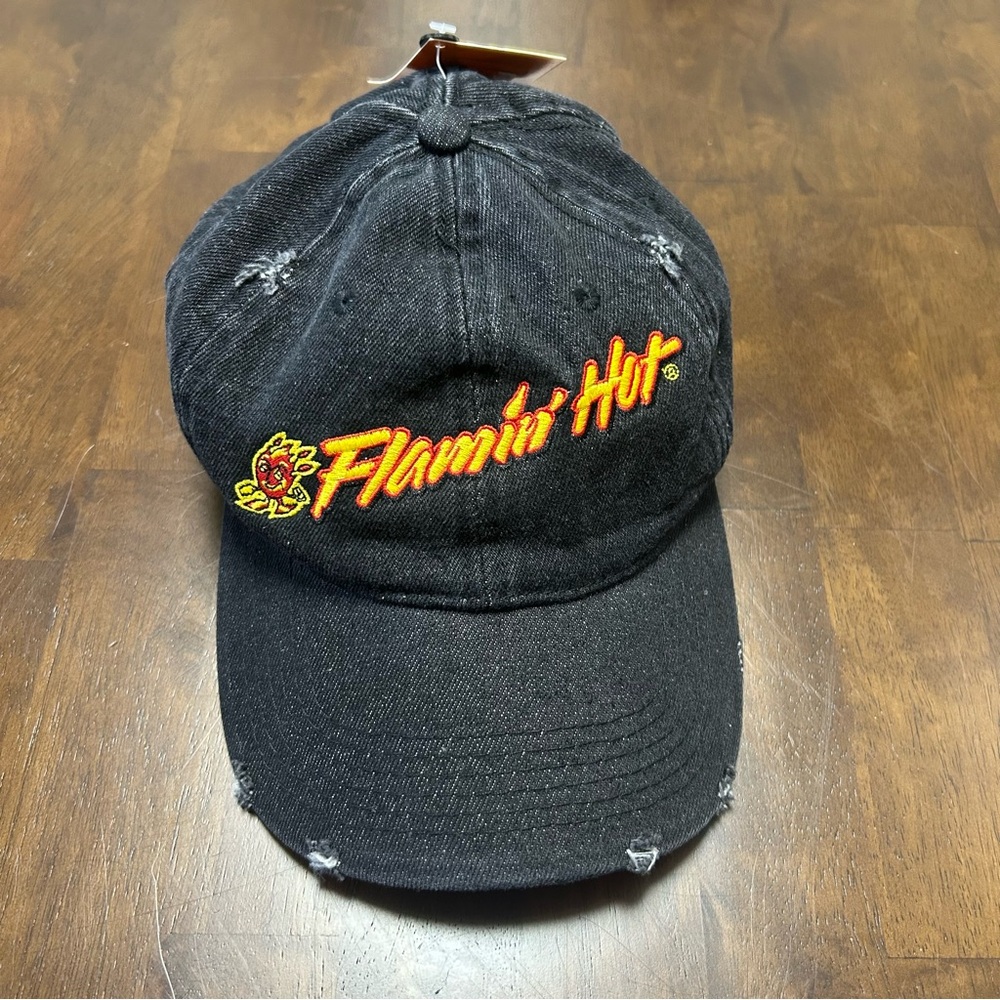 NWT Flaming Hot Cheetos Black Jean Denim Distressed Dad Hat Adjustable
